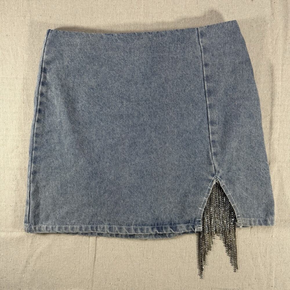 Denim Cloud Ten Mini Skirt Size Medium With Cut Out & Rhinestone Fringe